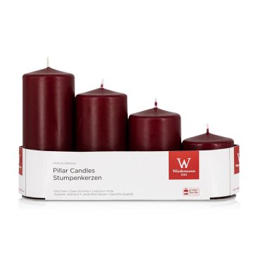 JENARO Advent wreath pillar candles, 4 pieces, graduated, burgundy, 6cm, 8cm, 10cm, 12cm, Ø5cm – Made in Germany