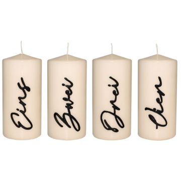 PAULINO Advent wreath pillar candles with numbers, set of 4, high-gloss cream, 15cm, Ø7cm, 63h – Made in Germany