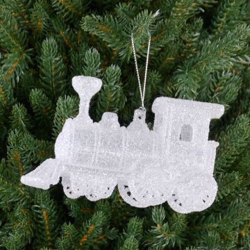 Christmas decoration locomotive ornament for hanging GEREON, acrylic, glitter, white-silver, 4.7"x2.8"/12x7cm