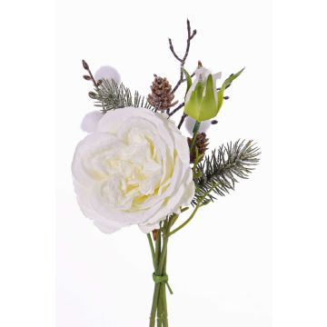 Silk rose bouquet FANNI, cones, snow-covered, white, 12"/30cm, Ø5.9"/15cm Silk rose bouquet FANNI, cones, snow-covered, white, 12"/30cm, Ø5.9"/15cm