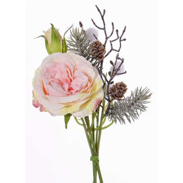 Silk rose bouquet FANNI, cones, snow-covered, pink, 12"/30cm, Ø5.9"/15cm Silk rose bouquet FANNI, cones, snow-covered, pink, 12"/30cm, Ø5.9"/15cm