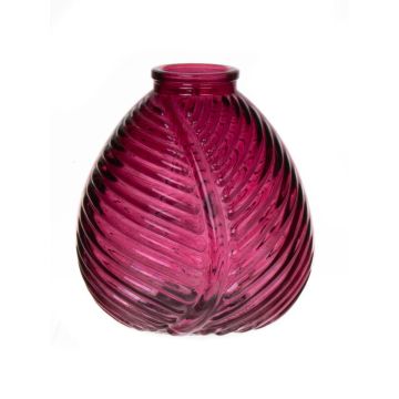 Glass bottle NELLOMIO with leaf structure, fuchsia-clear, 5.1"/13cm, Ø4.7"/12cm