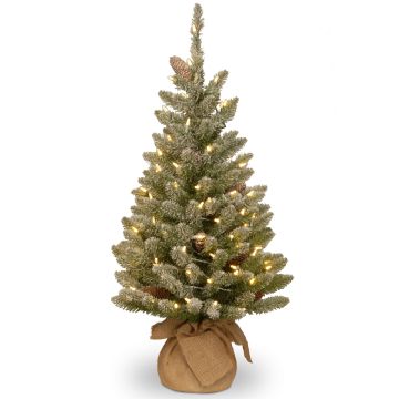 Artificial Christmas tree VIENNA, cones, jute bag, LEDs, snow-covered, 3ft/90cm, Ø20"/50cm