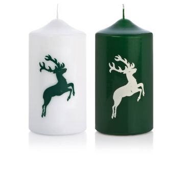 Advent candle DALDI with stag motif, 2 pcs, dark green-white, 6"/15cm, Ø3.1"/8cm, 69h - Made in Germany