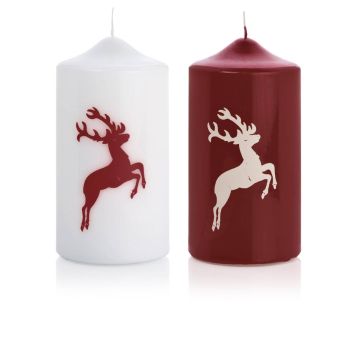 Advent candle DALDI with stag motif, 2 pcs, bordeaux-white, 6"/15cm, Ø3.1"/8cm, 69h - Made in Germany