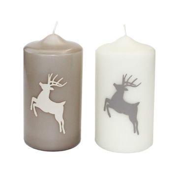 Advent candle DALDI with stag motif, 2 pcs, beige-white, 6"/15cm, Ø3.1"/8cm, 69h - Made in Germany