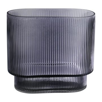 Oval glass decorative vase MARICEL with grooves, grey-clear, 18x10x20cm