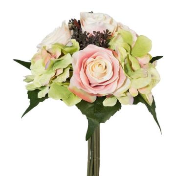 Artificial bouquet of roses and hydrangeas DRUZA with fruits, pink-champagne-green, 12"/30cm Artificial bouquet of roses and hydrangeas DRUZA with fruits, pink-champagne-green, 12"/30cm