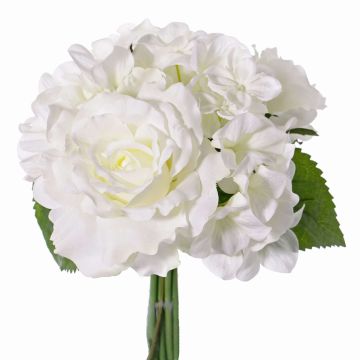 Fake hydrangea bouquet SANDRINE, roses, white, 10"/25cm, Ø8"/20cm