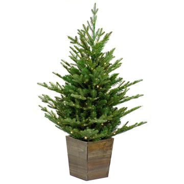 Artificial fir tree CARDIFF, wooden pot, LEDs, 35"/90cm, Ø30"/75cm