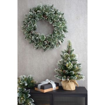 Artificial winter wreath CALGARY, cones, LEDs, frosted, Ø24"/60cm