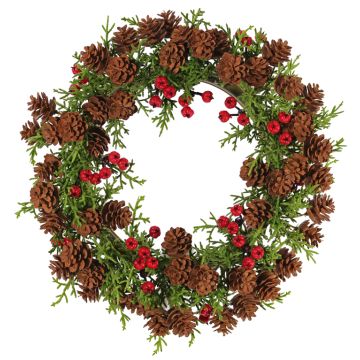 Artificial cypress wreath TAVIL with cones, berries, green-brown, 10"/25cm
