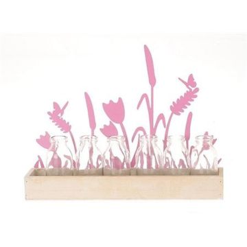 Wooden decorative tray HIFTU with 6 glass bottles, zinc flowers, pink, 14"x2.4"x11"/35x6x28,5cm