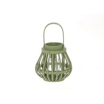 Lantern CHARITHRA with handle, wood, glass insert, green, 6"/15cm, Ø6"/15,5cm