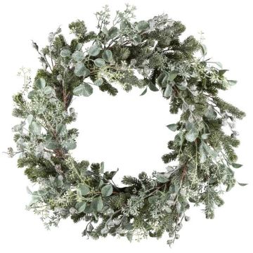 Artificial wreath of eucalyptus and fir DUVRA with flowers, frosted, green-grey, Ø24"/60cm Artificial wreath of eucalyptus and fir DUVRA with flowers, frosted, green-grey, Ø24"/60cm
