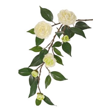 Artificial camellia branch YARINA with flowers, cream and green, 75cm