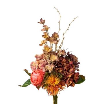 Artificial bouquet of globe thistle, rose and hydrangea PRINZY, orange-salmon-dusky pink, 24"/60cm Artificial bouquet of globe thistle, rose and hydrangea PRINZY, orange-salmon-dusky pink, 24"/60cm
