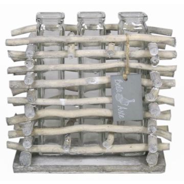 Glass vase for stem flowers SIHAM, wooden stand, 3 glasses, clear, 7"x3.3"x6.7"/18x8,5x17cm Glass vase for stem flowers SIHAM, wooden stand, 3 glasses, clear, 7"x3.3"x6.7"/18x8,5x17cm