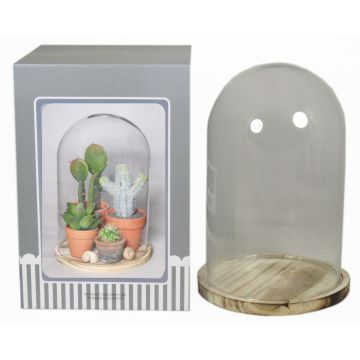 Glass dome SABIKA with marbled wooden base, clear, 10"/25cm, Ø7"/17,5cm