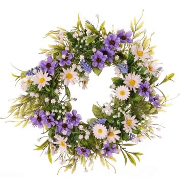 Artificial flower wreath: marguerite, cosmos, MAGADI, muscari, gypsophila, lilac-white, Ø30cm