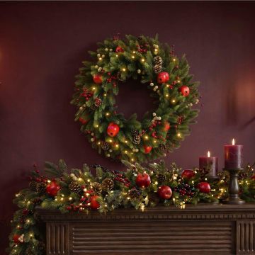 Artificial Winterkranz NEXORI, LEDs, apples, cones, berries, red-gold, Ø30"/75cm Artificial Winterkranz NEXORI, LEDs, apples, cones, berries, red-gold, Ø30"/75cm