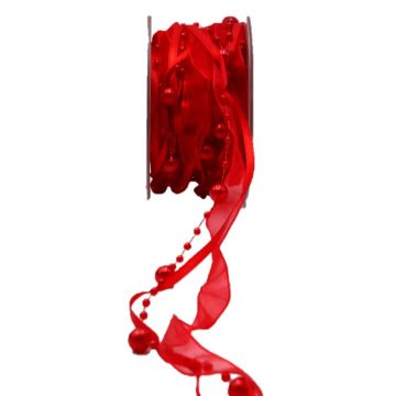 Decorative ribbon CARESA with pearl strand, made from chiffon and satin, red, 16ft/5m, 20mm Decorative ribbon CARESA with pearl strand, made from chiffon and satin, red, 16ft/5m, 20mm