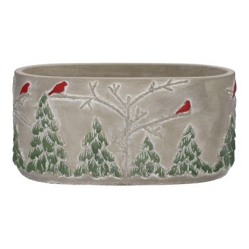 Oval concrete planter MILKE, wintery bird motif, grey-red-green, 8"x4.6"x4"/20,5x11,8x10cm