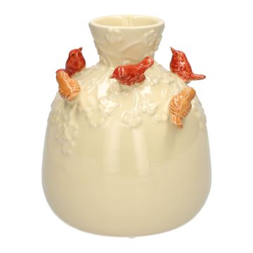 Ceramic balloon vase BIRDIE, with 3D birds, beige-red-orange, 6"/16cm, Ø5.5"/14cm