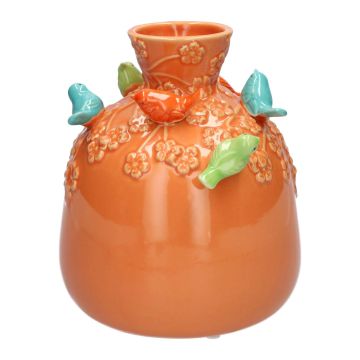 Ceramic balloon vase BIRDIE, with 3D birds, orange-blue-green, 7"/19cm, Ø6"/16,5cm