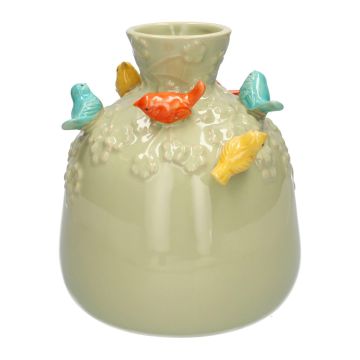 Ceramic balloon vase BIRDIE, with 3D birds, green-orange-yellow-blue, 7"/19cm, Ø6"/16,5cm