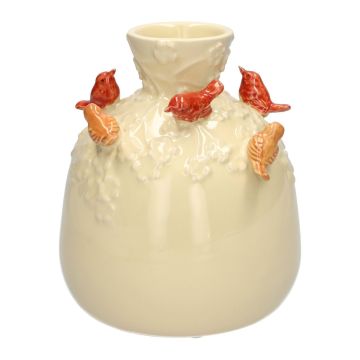 Ceramic balloon vase BIRDIE, with 3D birds, beige-red-orange, 9"/22,5cm, Ø7"/19cm