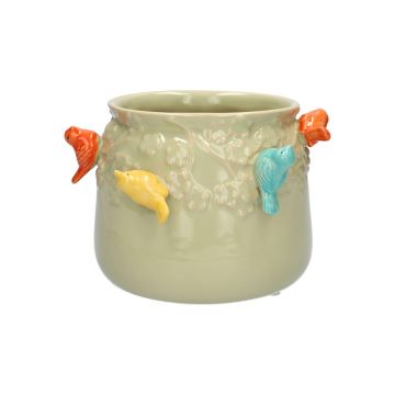 Ceramic planter BIRDIE, with 3D birds, green-orange-yellow-blue, 4.3"/11cm, Ø5.3"/13,5cm Ceramic planter BIRDIE, with 3D birds, green-orange-yellow-blue, 4.3"/11cm, Ø5.3"/13,5cm