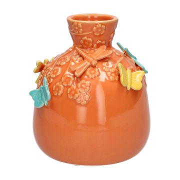 Ceramic balloon vase KIMANA, 3D butterflies dragonflies, orange-yellow-blue, 6"/16cm, Ø5.5"/14cm