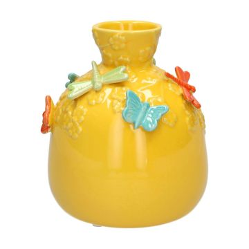 Ceramic balloon vase KIMANA, 3D butterflies dragonflies, yellow-blue-green-orange, 6"/16cm, Ø5.5"/14cm