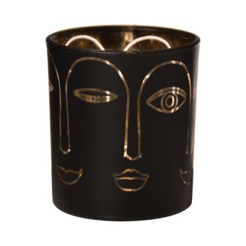 Glass candle holder LEOLINE with faces, black-gold, 3.1"/8cm, Ø2.8"/7cm Glass candle holder LEOLINE with faces, black-gold, 3.1"/8cm, Ø2.8"/7cm