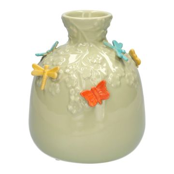 Ceramic balloon vase KIMANA, 3D butterflies dragonflies, green-yellow-blue-orange, 6"/16cm, Ø5.5"/14cm