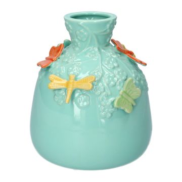 Ceramic balloon vase KIMANA, 3D butterflies dragonflies, blue-yellow-green-orange, 6"/16cm, Ø5.5"/14cm