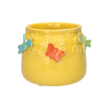 Ceramic flower pot KIMANA, 3D butterflies dragonflies, yellow-orange-blue-green, 4.3"/11cm, Ø5.3"/13,5cm Ceramic flower pot KIMANA, 3D butterflies dragonflies, yellow-orange-blue-green, 4.3"/11cm, Ø5.3"/13,5cm