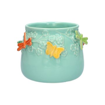 Ceramic flower pot KIMANA, 3D butterflies dragonflies, blue-orange-yellow-green, 4.3"/11cm, Ø5.3"/13,5cm Ceramic flower pot KIMANA, 3D butterflies dragonflies, blue-orange-yellow-green, 4.3"/11cm, Ø5.3"/13,5cm