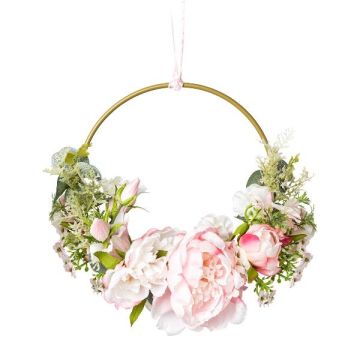 Artificial flower ring of peony and bellflower KEFRO, pink, Ø10"/25cm