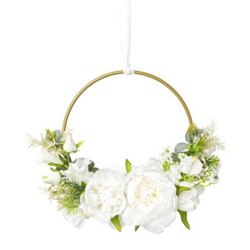 Artificial flower ring of peony and bellflower KEFRO, white, Ø10"/25cm