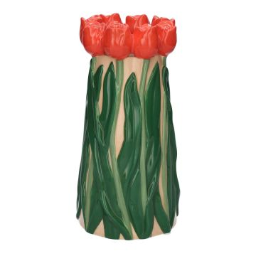 Flower vase LIMEA made of dolomite, 3D tulips, beige-red-green, 10"/24,5cm, Ø4.9"/12,5cm