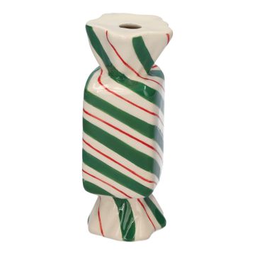 Square single stem vase in the shape of a sweet AMIEL made of ceramic, with diagonal lines, green-red-white, 1.8"x1.8"x4.5"/4,5x4,5x11,5cm