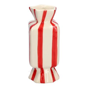 Square single stem vase in the shape of a sweet AMIEL made of ceramic, with vertical stripes, red-white, 2.6"x2.6"x6"/6,5x6,5x15cm