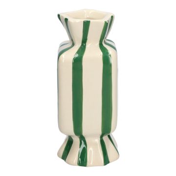 Square single stem vase in the shape of a sweet AMIEL made of ceramic, with vertical stripes, green-white, 2.6"x2.6"x6"/6,5x6,5x15cm
