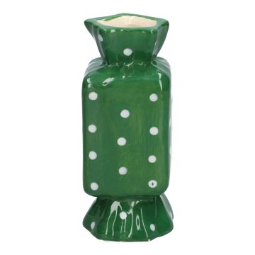 Square single stem vase in the shape of a sweet AMIEL made of ceramic, with polka dots, green-white, 2.6"x2.6"x6"/6,5x6,5x15cm
