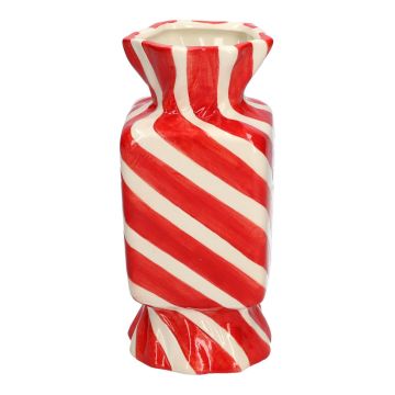 Square single stem vase in the shape of a sweet AMIEL made of ceramic, with diagonal lines, red-white, 3.5"x3.5"x8"/9x9x20cm