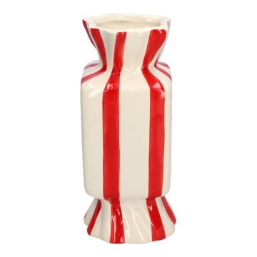 Square single stem vase in the shape of a sweet AMIEL made of ceramic, with vertical stripes, red-white, 3.5"x3.5"x8"/9x9x20cm