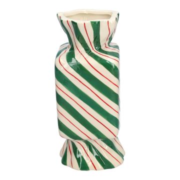 Square single stem vase in the shape of a sweet AMIEL made of ceramic, with diagonal lines, green-red-white, 3.5"x3.5"x8"/9x9x20cm