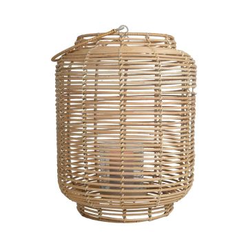 Rattan natural fibre Lantern AMBROSIA, handle, glass insert, beige, 52cm, Ø28cm